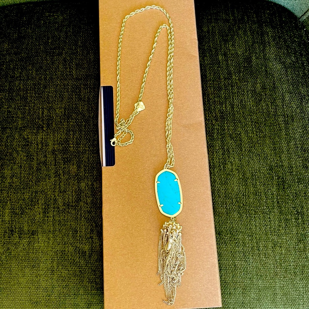 Kendra Scott Rayne Necklace Turquoise Blue Pendant Tassel Long Goldplate B522